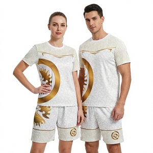 Ensemble personnalisé unisexe d'arts martiaux : T-shirt et short imprimés par sublimation, design blanc et or, anti-humidité, séchage rapide - Product Image 1