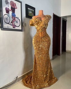 Robes de bal sirène Aso Ebi rouges 2026 pour jeunes filles noires, avec cristaux aux épaules, appliques et paillettes, robes de soirée formelles pour mariage - Product Image 4