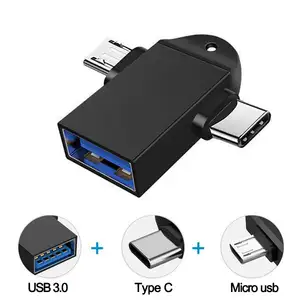 2合1 OTG适配器USB 3.0母到微型USB公和C型公连接器铝合金on Go转换器