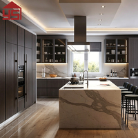 Gabinetes de Cocina Modulares Inteligentes Modernos de Lujo, Gabinetes de Cocina con Chapa de Madera Natural y Juego de Isla