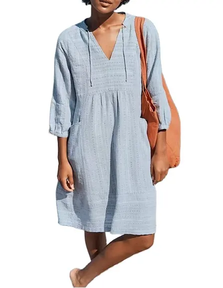 2023 Cross border Popular Women's Cotton and Hemp Pocket Casual Dress