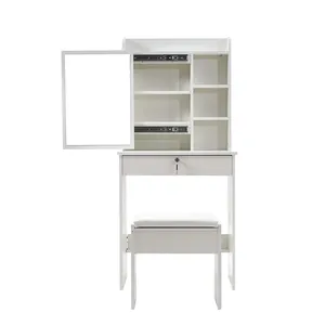 Tocador de madera blanco moderno para maquillaje, mueble con espejo deslizante, estante de almacenamiento y taburete, cojín