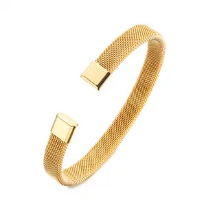 Open Gold Black Plated Wrist Hand Jewelry Hot Selling Wholesale Handmade Bracelet 316L Stainless Steel Mesh Cuff Bangle