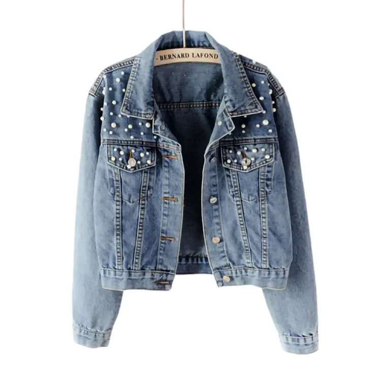 2021 Hot Selling custom Women Pearl Denim jacket Beaded Jackets Loose And Thin New Short Style wedding Denim Coat