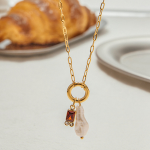 J & D 18K oro Acero inoxidable deslustre vidrio de color libre perla de agua dulce circón colgante collar de piedra natal - Product Image 4
