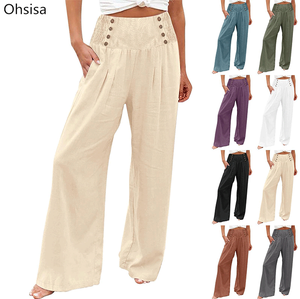 Ohsisa primavera ed estate Casual elasticizzato a <span class=keywords><strong>vita</strong></span> <span class=keywords><strong>alta</strong></span> <span class=keywords><strong>pantaloni</strong></span> larghi da <span class=keywords><strong>donna</strong></span> <span class=keywords><strong>pantaloni</strong></span> larghi in cotone tinta unita - Product Image 1
