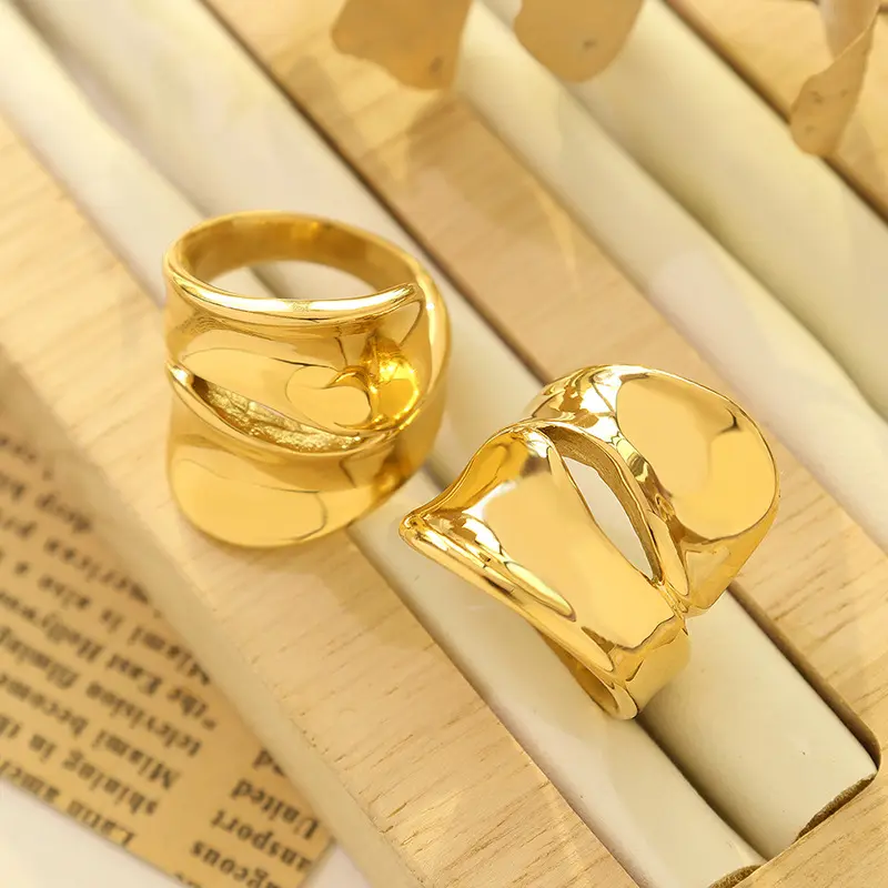 แหวนปรับขนาดได้หลายขนาดแบบกลวงทำจากสเตนเลสใหม่18K แหวนชุบทองแท้แหวนฮิปฮอปสำหรับผู้หญิง