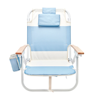 Chaise pliante de plage personnalisable bleue, résistante à l'eau, inclinable et réglable, avec accoudoirs en bois et sac isotherme