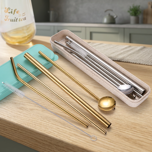 Metal <b>Drinking</b> <b>Straws</b> Set 5Pcs Reusable Cocktail Bar Accessories Minimalist Style Gold Tone - Product Image 2