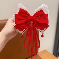 Nouvel an épingle à cheveux enfants arc cheveux accessoires fille rouge velours ruban arc épingle à cheveux noël arc pince à cheveux avec pompon blanc