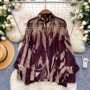 Blus Kasual Wanita Lengan Panjang Kerah Tinggi Bahan Mesh, Kemeja Polos Wanita, Atasan Manis Wanita, Pakaian Wanita Grosir - Product Image 5
