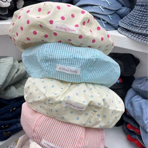 Ai Meng Studio Beret Cotton Poplin <b>Summer</b> Women's Breathable Sunshade <b>Hat</b> Red Blue Dots Stripes - Product Image 1