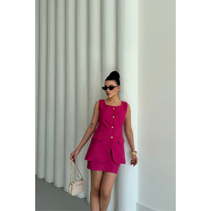 Ensemble gilet en lin jacquard et jupe courte imprimée moulante, robe d'été fuchsia avec décoration à motifs - Product Image 3