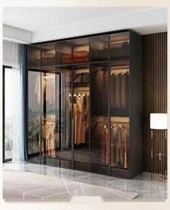 Armoire de chambre à coucher autoportante moderne en <span class=keywords><strong>bois</strong></span> ZD avec portes en verre, éclairage LED, armoire de rangement noire - Product Image 5