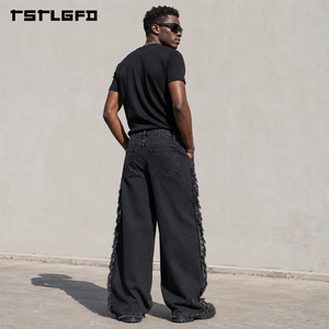Pantalones Vaqueros Anchos con Flecos OEM/ODM, Estilo Vintage, Lavado Pesado, Desgastados, Streetwear, con Borlas Laterales, Venta al por Mayor a Granel - Product Image 3