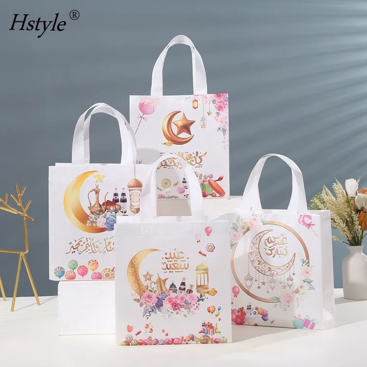 Muslim Festival Party Bags with Handles Non-Woven Gift Tote Bags Colorful Pattern Handbags for Eid Mubarak Ramadan Party HS1318