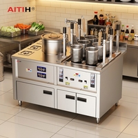 Machine de restauration de cuisine avec cuiseur à nouilles à levage automatique, maintien au chaud intégré, station à soupe et 3 stations à condiments