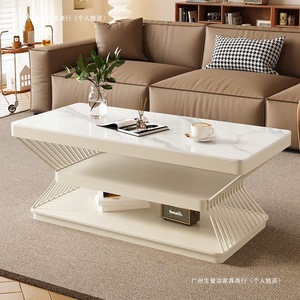 Modern Rectangular Double Layer Coffee Table Faux Marble Top Baking Paint Living Room Home Furniture - Product Image 3