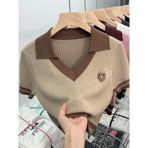 V-neck <strong>Women's</strong> T-shirts Knitted <strong>Tops</strong> <strong>for</strong> <strong>Women</strong> Ice Silk Short-sleeved Blouse - Product Image 2