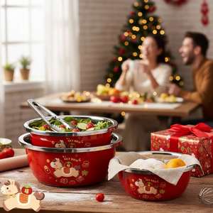 Stainless Steel Mixing Bowls Set 222426 Red Cartoon Horse Design Kitchen Cooking Bowl <b>Vegetable</b> Washing Basin Dishwashing Basin - Product Image 4