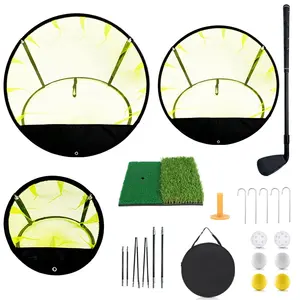 可折叠圆形聚酯高尔夫球网练习目标网，带2合1草垫，用于户外高尔夫击球削片训练