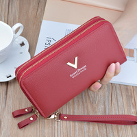 Dompet Panjang Wanita Kapasitas Besar dengan Ritsleting Ganda Pola Berbintik Sederhana Tas Ponsel Dua Lapis Bahan Poliester/PU-Baru