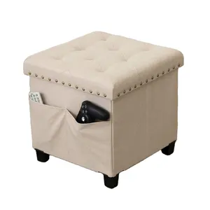 Tissu en lin avec pieds en bois FoldingStorage Ottoman Cube Repose-pieds Cube avec poche latérale pour salon