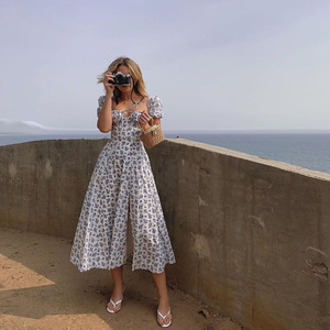 Vestido de Mujer con Cuello Cuadrado y Estampado Floral, Mangas Abullonadas, Falda con Estructura de Espina de Pescado, Casual, Sexy y Elegante, Largo Midi-Maxi para Vacaciones de Verano y Tardes de Té - Product Image 6