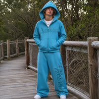 Conjunto de 2 Piezas Personalizado OEM para Hombre, 100% Algodón, Sudadera con Cierre y Pantalones Deportivos Anchos, Bordado con Pedrería, Ropa Urbana