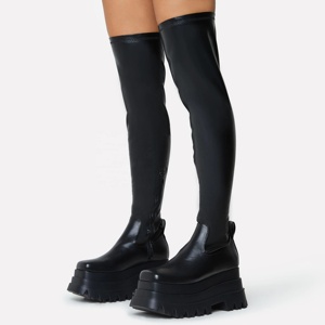 Stretch Upper Women Thick Sole High <b>Platform</b> Over Knee <b>Boots</b> Square Toe Chunky Heels Skintight Thigh High Booties - Product Image 1