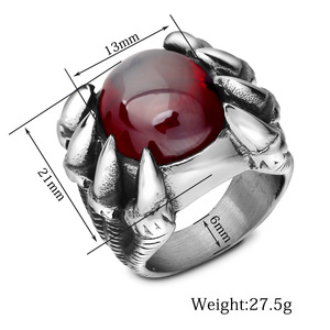 Anillo de titanio para hombre con gema roja engastada en forma de garra, estilo punk de Halloween, con púas, diseño de animales del zodíaco - Product Image 5