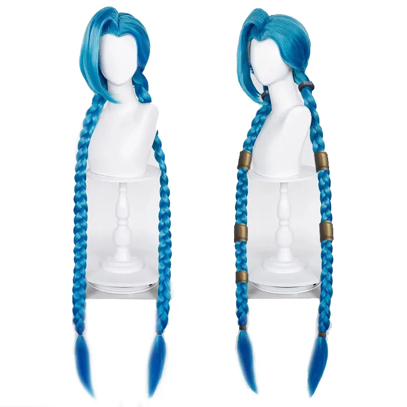 120 Cm Lol Jinx Cosplay Pruik Blauw Gevlochten De Losse Kanon Pruik Met Blauw Braid Hittebestendige Synthetisch Haar Pruiken