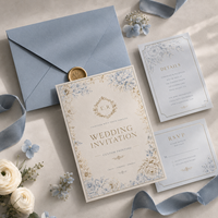 Invitation de mariage personnalisée élégante bleue à motifs floraux, impression de bordure botanique or et bleu ornée avec texte personnalisé