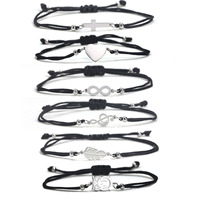 Bracelet de plage d'été fait à la main en cordon noir tressé imperméable cire coton acier inoxydable feuille coeur breloque bracelet de cheville 6 pièces