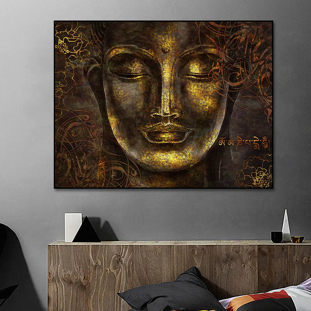 Meilleure vente tête de bouddha noir et or toile art peinture moderne bouddhisme portrait toile affiches pour décoration murale