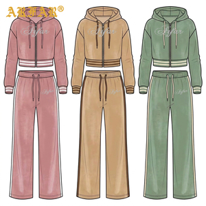 Ensemble de survêtement 2 pièces en velours pour femme, avec logo personnalisé en strass, style streetwear, comprenant un sweat à capuche court côtelé contrastant et un pantalon de <span class=keywords><strong>jogging</strong></span> - Product Image 2