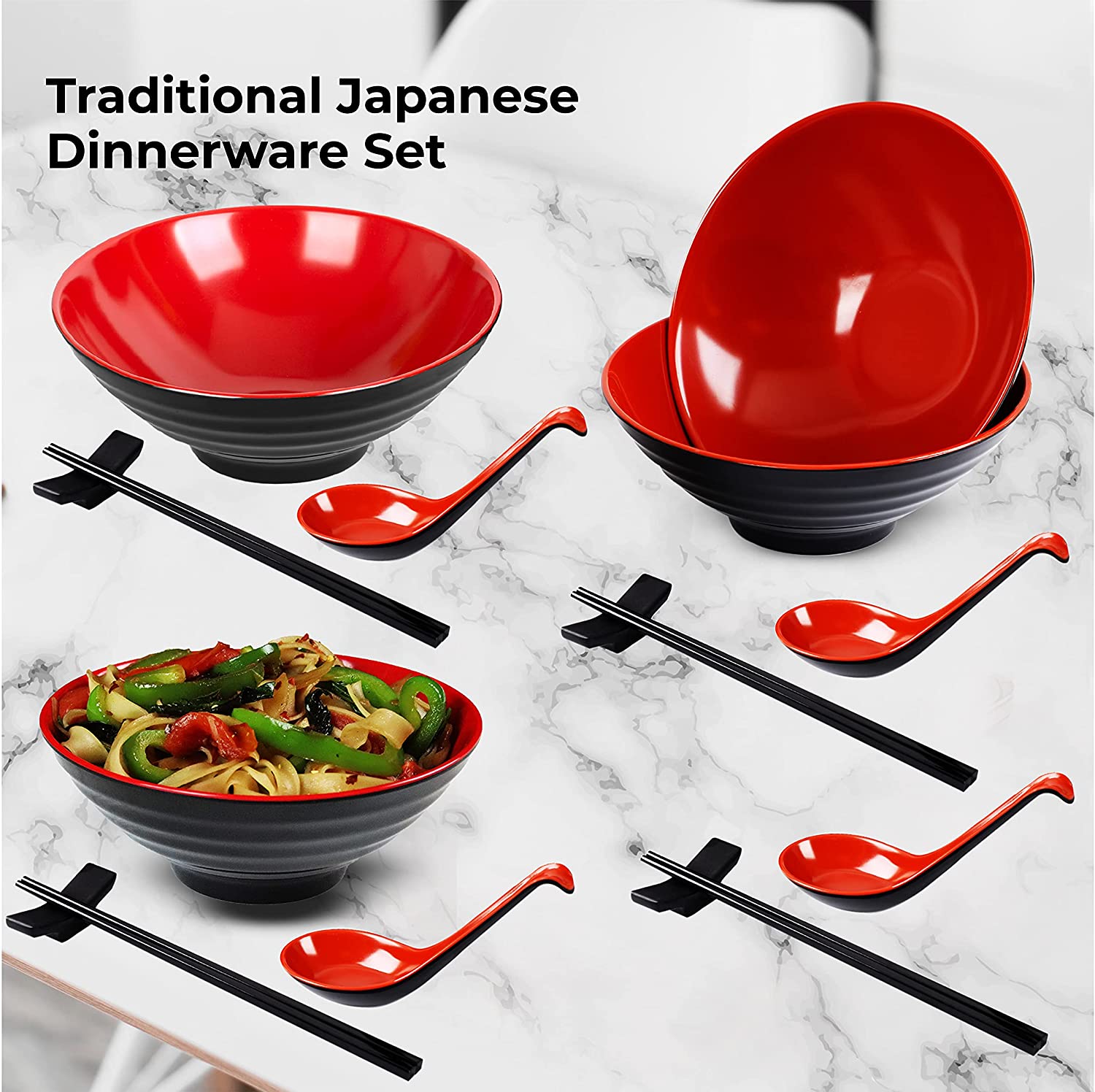 Kitchen 16 PC Restaurant Quality 33oz. Large Melamine Ramen Bowls and Spoons Set Complete Dinnerware Set