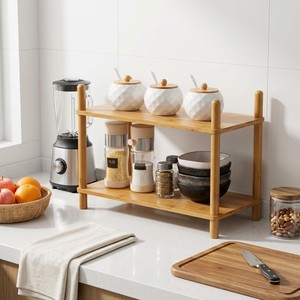 WooFawn Étagère de Rangement de Bureau Extensible à 2 Niveaux en Bambou, Ajustable et Empilable, pour <span class=keywords><strong>Cuisine</strong></span>, Maison, Bureau, Salle de Bain, Présentoir - Product Image 6