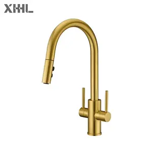 cUPC Dual Handle Golden Kitchen Tap with Pull Down Sprayer Kitchen Sink Faucet with Pull Out Sprayer