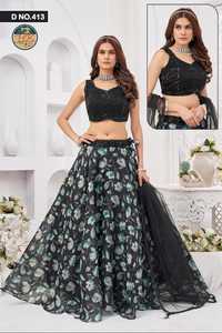 Ensemble Lehenga Choli noir à fleurs pour femmes, tenue de soirée de créateur, Lehenga ethnique festif avec dupatta - Product Image 4