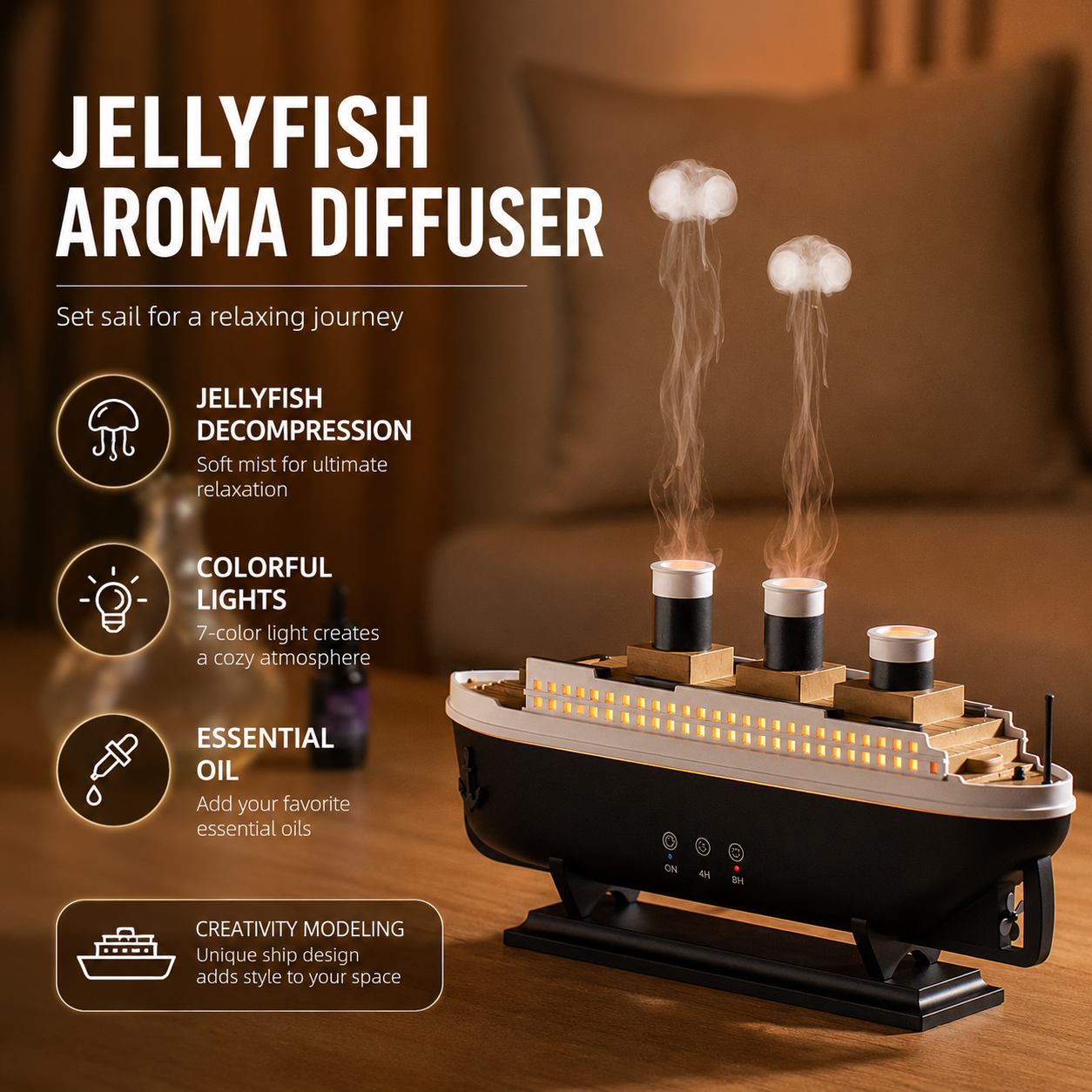 Portable Smart Jellyfish Mist Mini Air Humidifier & Aroma Diffuser, 250 ml Boat Design for Office for Home