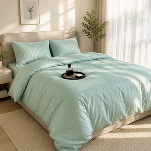 Juego de Cama de Algodón Verde Salvia de 4 Piezas, Funda de Edredón con Tejido de Rayas Satinadas, Sábana y Fundas de Almohada para Decoración del Hogar - Product Image 5