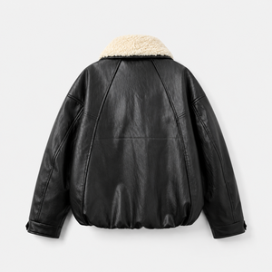 Veste bomber en cuir PU à col large et cordon de serrage de style britannique pour femmes en hiver - Product Image 2