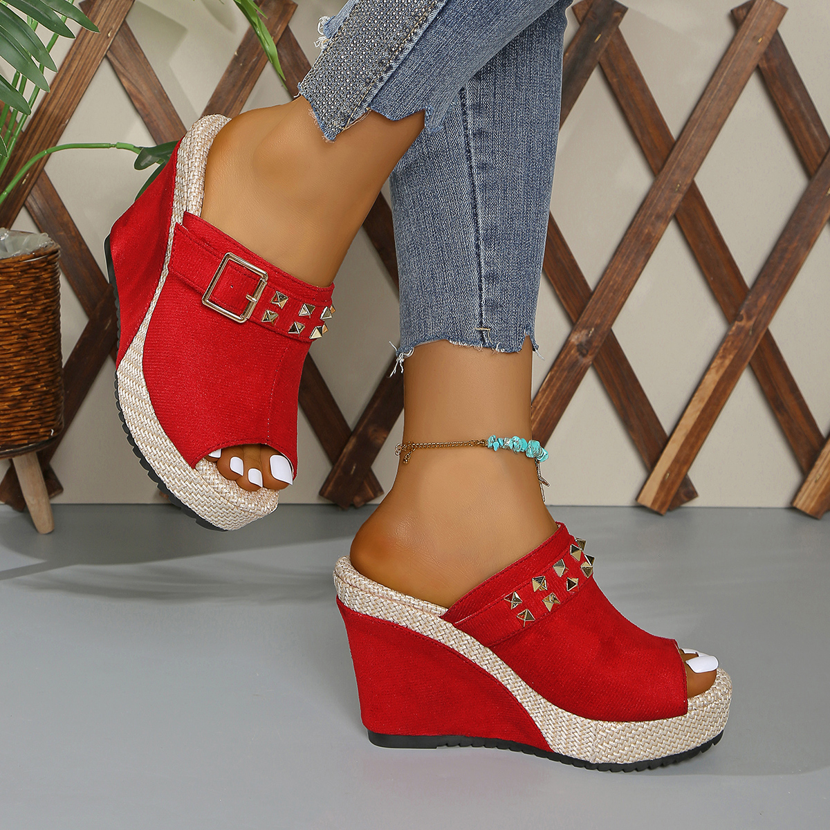 Red Wedge Heel Sandals Stylish Comfortable Shoes