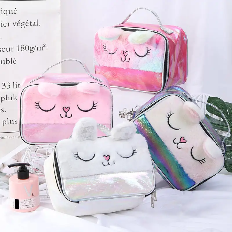 Trousse de maquillage en peluche rose pour filles avec poignée