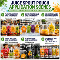 Sachets d'emballage en plastique personnalisés en forme de fruits, 250 ml, 500 ml, découpés sur mesure, sans BPA, de qualité alimentaire, avec bec verseur pour lait et jus, OEM