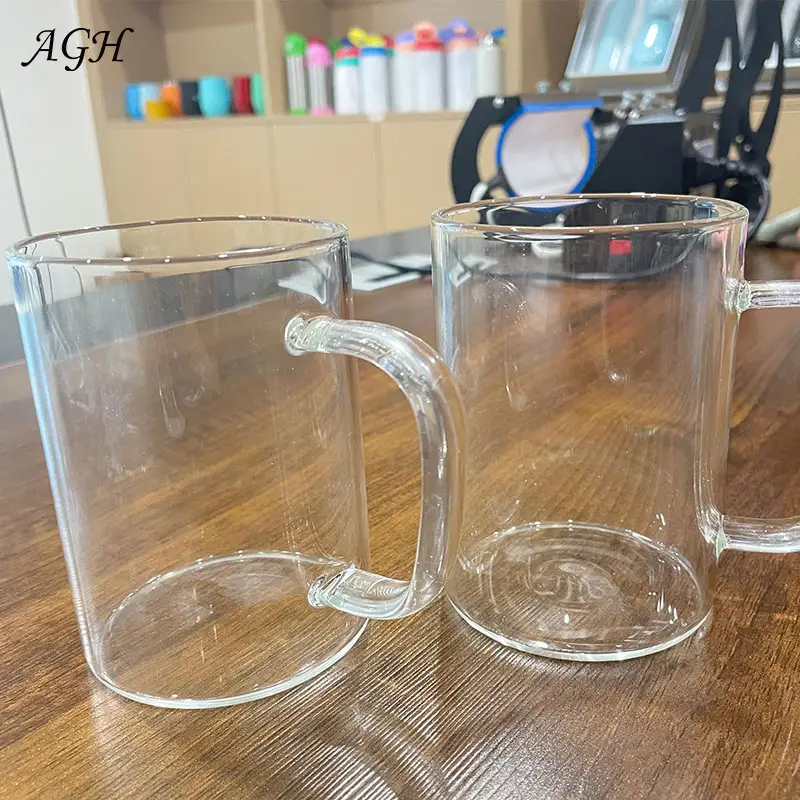 Agh caneca de vidro transparente, caneca de vidro transparente com alça, 11oz, para subolmação, caneca de vidro personalizada