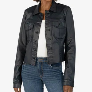 Custom Women 2023 Spring Crop Top Wax Us Sizes Coated Black Denim Waxed Faux Leather Jackets