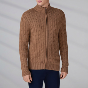 Custom Knitted Jacket Polo Knitwear Classic Men's Winter Long Sleeve Cable Full Zip Cotton Sweater Cardigan - Product Image 1