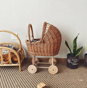 Carrito Vintage para muñecas, casa para niños, carrito de juego, carrito de almacenamiento de madera, tejido de ratán y sauce - Product Image 5